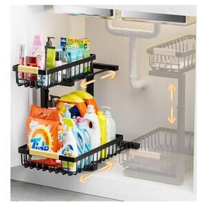 Under Sink Organizer, 2-Tier Slide Out Shelf, Black Metal, Kitchen Cabinet